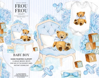 Baby Boy Clipart Baby Clip Art Baby Shower Invitation DIY Pack Watercolor Nursery Pastel Blue Toys Baby Announcement Teddy Bear Printable