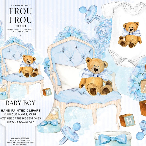 Baby Boy Clipart Baby Clip Art Baby Shower Invitation DIY Pack Watercolor Nursery Pastel Blue Toys Baby Announcement Teddy Bear Printable