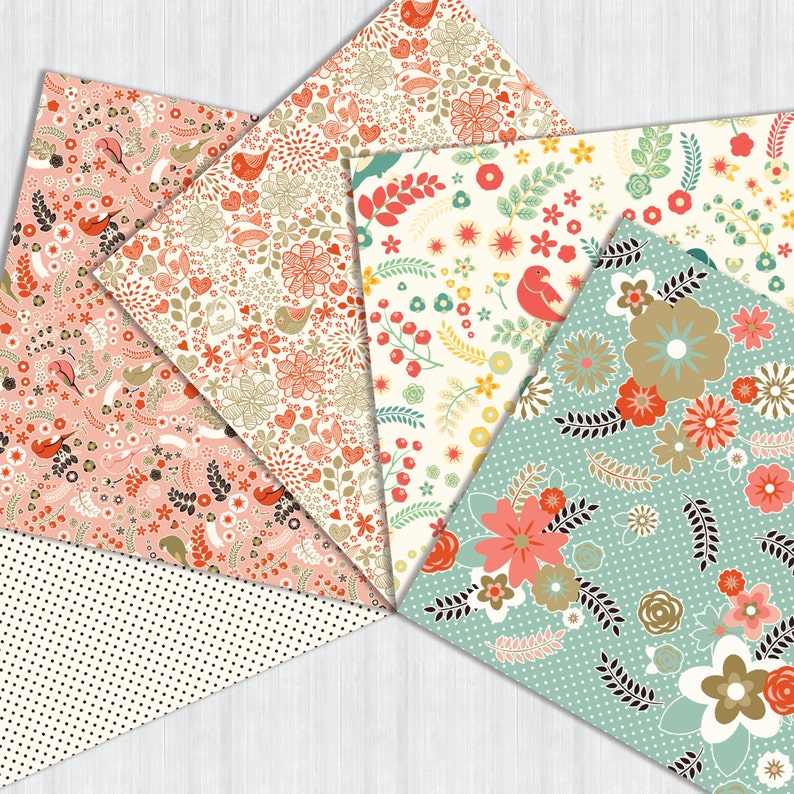 May include: Five different patterned scrapbook papers with floral and bird designs. The papers are in shades of pink, green, blue, and yellow.
