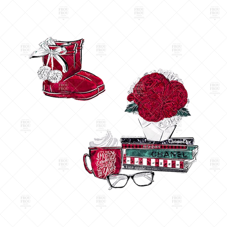 Cute Christmas Clipart Winter Scene Clipart Book Lover Planner Stickers Cabin Red Plaid Silver Glitter Coffee Fashion Girl Illustration