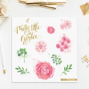 Watercolor Flowers ClipArt Intant Download Digital Pink Roses Daisy Large High Resolution Flowers Floral Green Leaves Wedding Invitation DIY