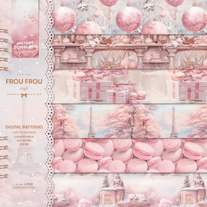 Op de afbeelding: Zes digitale papierpatronen met een roze en witte kleurstelling. De patronen omvatten een Parijse Eiffeltoren, roze macarons, roze kerstballen en roze cadeaudozen.