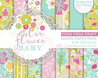Baby Blue Digital Scrapbook Paper, Cute Printable Nursery Paper Pack, Lime and Pink Colorful Paper, Newborn Boy and Girl Digital Paper Print