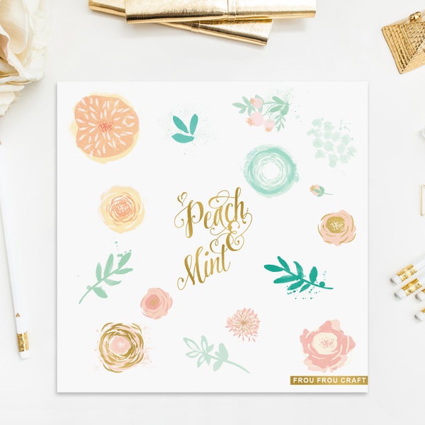 Peach And Mint Watercolor Flowers ClipArt Gold Foil Intant Download Digital Pink Blue Yellow Green High Resolution Floral Invitation DIY