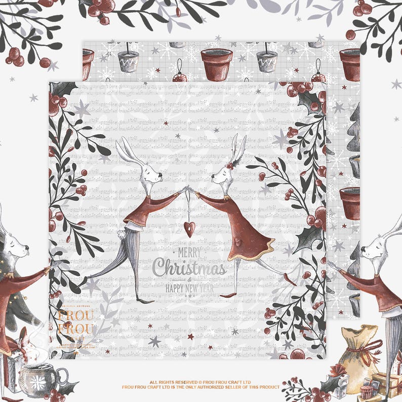 May include: Christmas-themed paper with illustrations of dancing rabbits, holly, and the text "Merry Christmas Happy New Year." The design features a light gray background with musical notes and decorative elements.