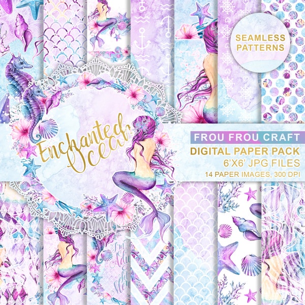 Mermaid Paper Pack Watercolor Sea Scrapbook Underwater Background Seahorse Summer Seamless Patterns Printable DIY Pack Purple Pink Blue