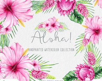 Watercolor Flowers ClipArt Tropical Summer Aloha Hibiscus Protea Pink Wedding Invitation DIY Pack Handpainted Intant Download Original