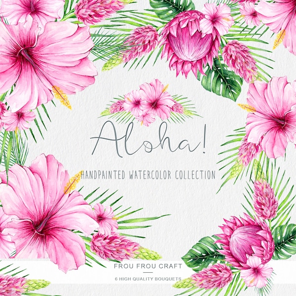 Watercolor Flowers ClipArt Tropical Summer Aloha Hibiscus Protea Pink Wedding Invitation DIY Pack Handpainted Intant Download Original