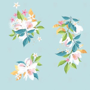 May include: Three floral arrangements with white and pink flowers, green leaves, and gold accents on a light blue background.