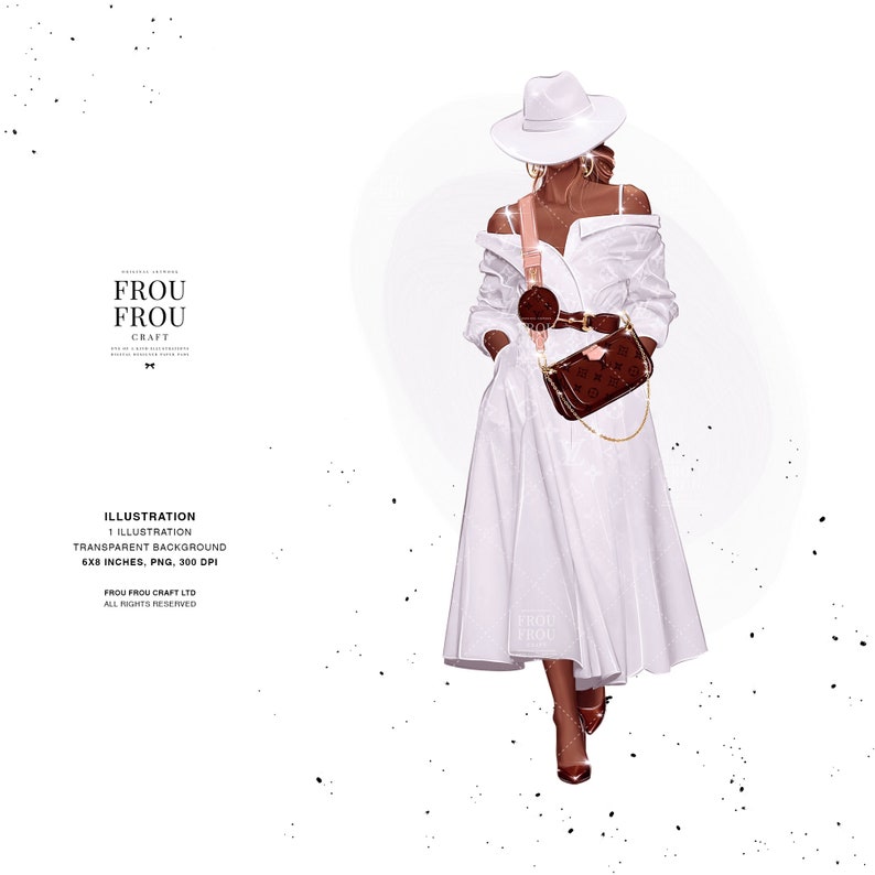 K&ouml;nnte beinhalten: Digitale Illustration einer Frau in einem wei&szlig;en schulterfreien Kleid, wei&szlig;em Hut und brauner Handtasche. Die Handtasche hat einen goldfarbenen Kettenriemen. Die Illustration enth&auml;lt den Text "FROU FROU CRAFT" und "ILLUSTRATION".