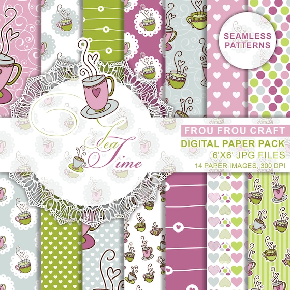 Tea Party Cute Cartoon Digital Paper, Coffee Digital Paper, Scrapbook Digital Download, Polka Dot Paper, Digital Textures Baby Digital Paper