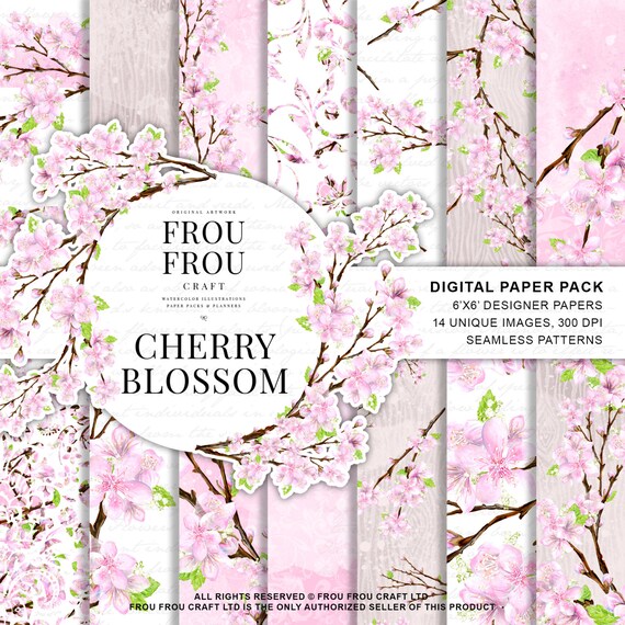 Cherry Blossom Paper Pack Watercolor Floral Digital Backgrounds Sakura Seamless Patterns Spring Flowers Planner Supplies Decoupage Paper
