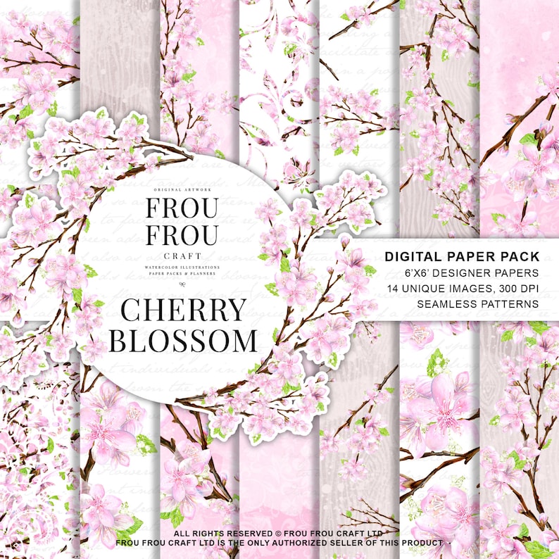 Puede incluir: Un paquete de papel digital con 14 im&aacute;genes &uacute;nicas de flores de cerezo en rosa y blanco. Las im&aacute;genes miden 15,24 cm por 15,24 cm y 300 DPI. El texto "Frou Frou Craft" y "Cherry Blossom" est&aacute; en un c&iacute;rculo en la imagen.