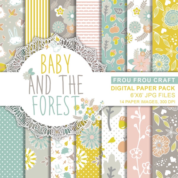 Baby Digital Paper, Printable Paper, Pastel Digital Paper, Soft Colors Baby Forest Paper, Peach Digital Nursery Scrapbook, Baby Scrapbook