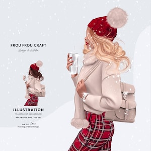Cozy Christmas Clipart, Winter Fashion Girl Illustration, Red Beige Coffee Clip Art, Holiday Planner Stickers, Festive Planner Cover