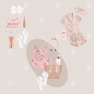 May include: A pink and white summer outfit with a pink swimsuit, a straw bag, a pair of white flip flops, a pink headband, a pink sleep mask, a pink and white sleep shirt, a pink purse, a pair of glasses, a tube of lotion, a tube of lipstick, and a bottle of perfume.
