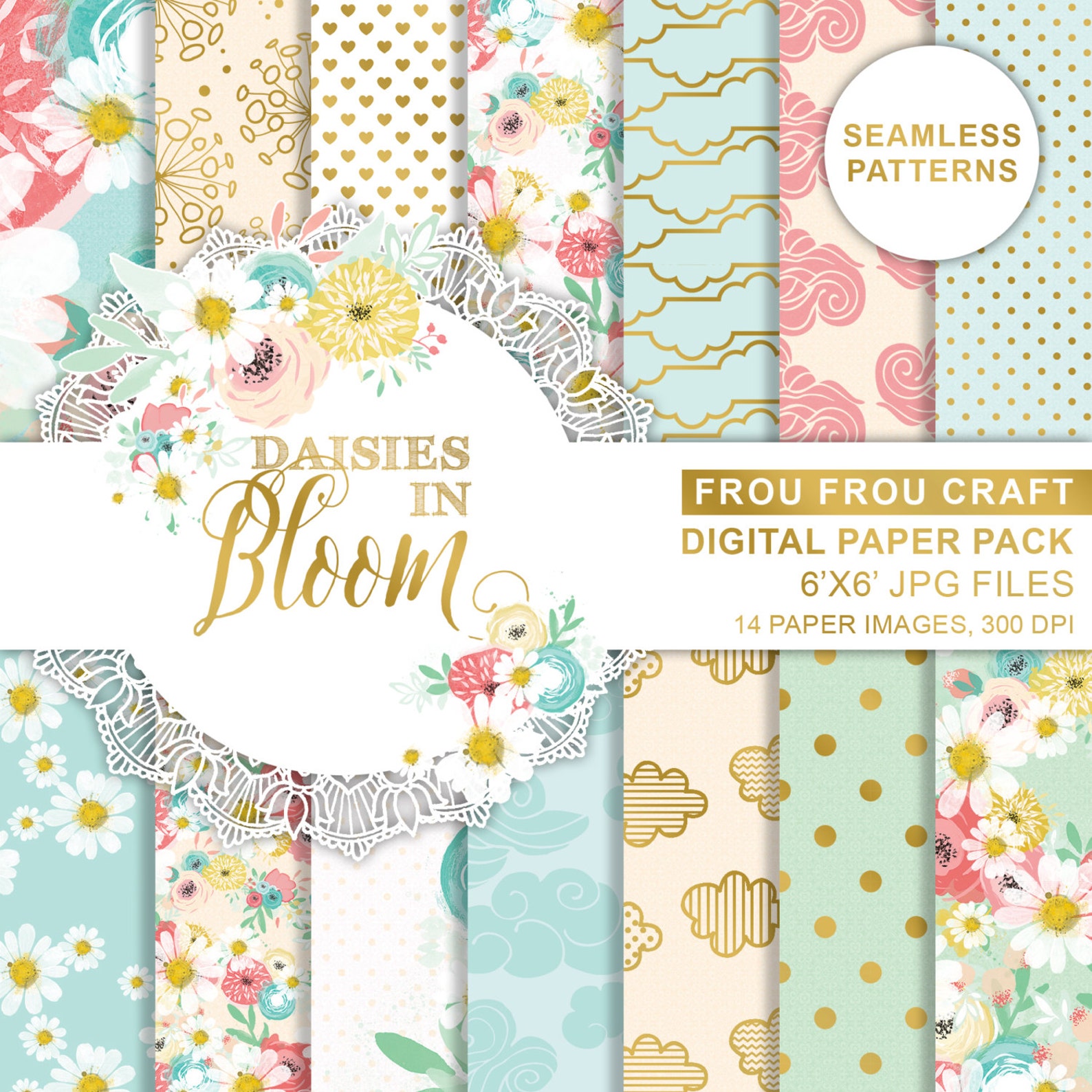 Daisies Flowers Spring Roses Digital Paper Pack Seamless Patterns ...