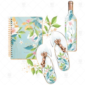 May include: A blue and gold notebook with a floral design, a pair of white flip flops with gold accents and a floral design, and a bottle of wine with a floral design.