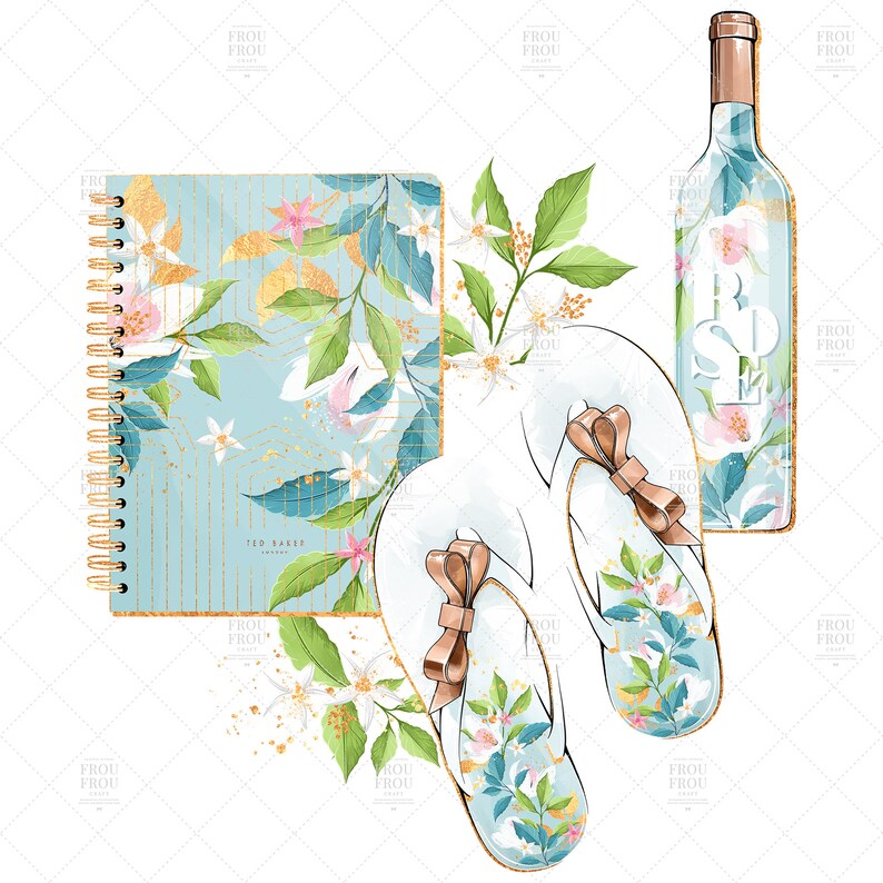 May include: A blue and gold notebook with a floral design, a pair of white flip flops with gold accents and a floral design, and a bottle of wine with a floral design.