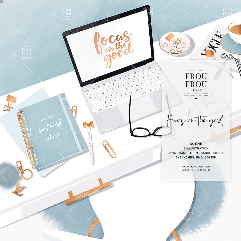 Peut inclure: Un bureau blanc avec un ordinateur portable, un carnet bleu, un stylo dor&eacute; et des trombones dor&eacute;s. L'&eacute;cran de l'ordinateur portable affiche le texte "focus on the good".