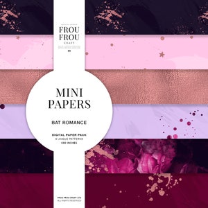 May include: A digital paper pack with 6 unique patterns in a romantic theme. The patterns feature a variety of colors, including pink, purple, and burgundy, with gold accents. Each pattern is 6x6 inches.