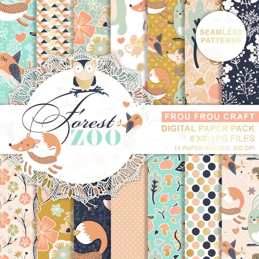 Animals Digital Paper, Fox Bear Owl Repeatable Pattern, Forest Digital ...