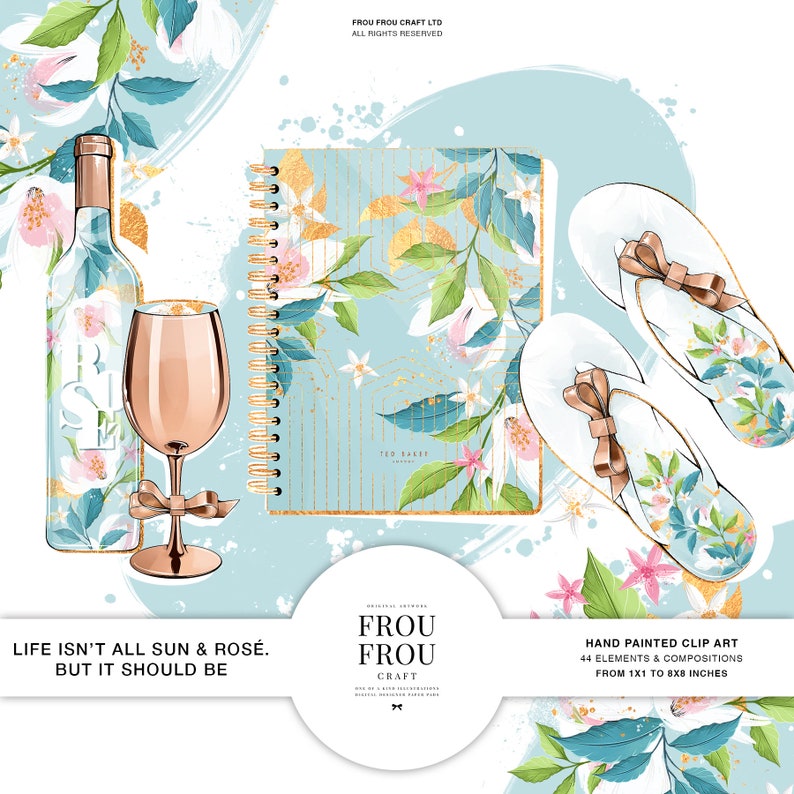 May include: A digital clip art set featuring 44 hand-painted elements and compositions. The set includes a bottle of ros&eacute; wine, a glass of ros&eacute;, a notebook with a floral design, and a pair of flip-flops. The artwork is in a watercolor style with a light blue background and gold accents. "FROU FROU CRAFT" is written in a decorative font.