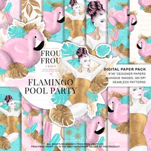 Tropical Paper Pack Summer Girl Planner Stickers Pink Flamingo Digital Backgrounds Pool Party Fashion Illustration Repeatable Patterns Mint