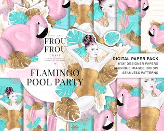 Tropical Paper Pack Summer Girl Planner Stickers Pink Flamingo Digital Backgrounds Pool Party Fashion Illustration Repeatable Patterns Mint