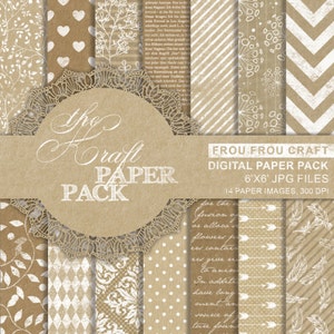 Pacote de papel digital de papel kraft, download instantâneo, artesanato, marrom, textura antiga, fundo branco, jardim floral, bolinhas de damasco, 6x6 polegadas