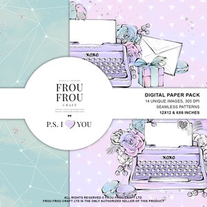 May include: Digital paper pack with a romantic theme. The design features a lavender typewriter, roses, and the text "XOXO". The image includes the text "P.S. I Love You" and "Digital Paper Pack 14 Unique Images, 300 DPI Seamless Patterns 12x12 & 6x6 inches".