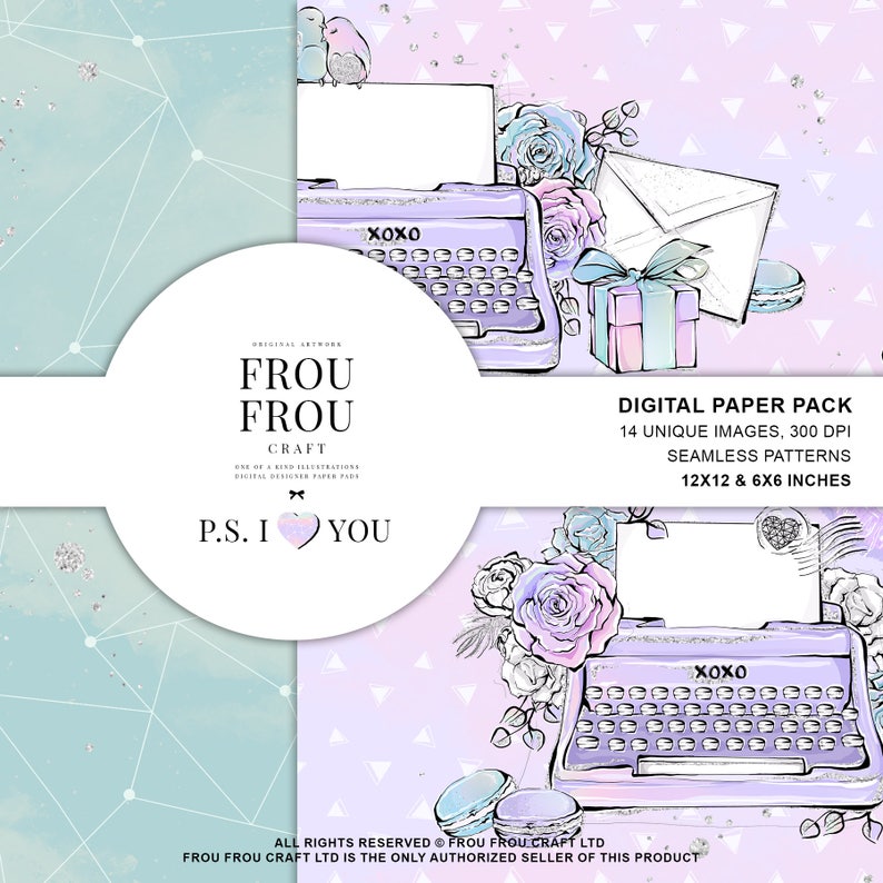 May include: Digital paper pack with a romantic theme. The design features a lavender typewriter, roses, and the text "XOXO". The image includes the text "P.S. I Love You" and "Digital Paper Pack 14 Unique Images, 300 DPI Seamless Patterns 12x12 & 6x6 inches".