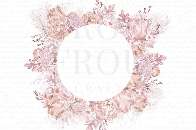 Peut inclure: Un cadre circulaire avec un fond blanc entour&eacute; d'une couronne de fleurs roses et p&ecirc;che, de feuilles et d'accents de perles.