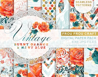 Burnt Orange Navy Blue Digital Pattern, Watercolor Digital Paper, Seasonal Digital, Romantic Wedding Paper, Gold Flowers Digital Background