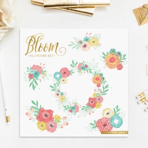 Colorful Spring Flowers ClipArt Intant Download Digital Pink Blue Yellow Mint Green High Resolution Floral Leave Baby Wedding Invitation DIY