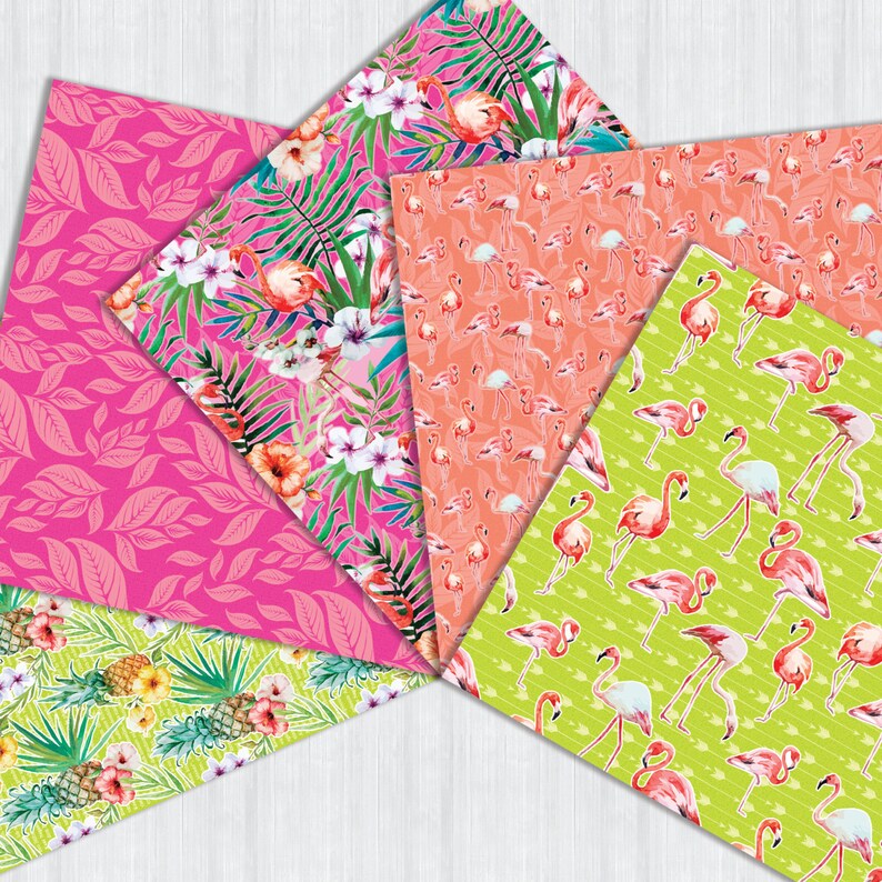 May include: Five different patterned digital papers featuring pink flamingos, tropical leaves, and flowers. The patterns are on a pink, green, and orange background.