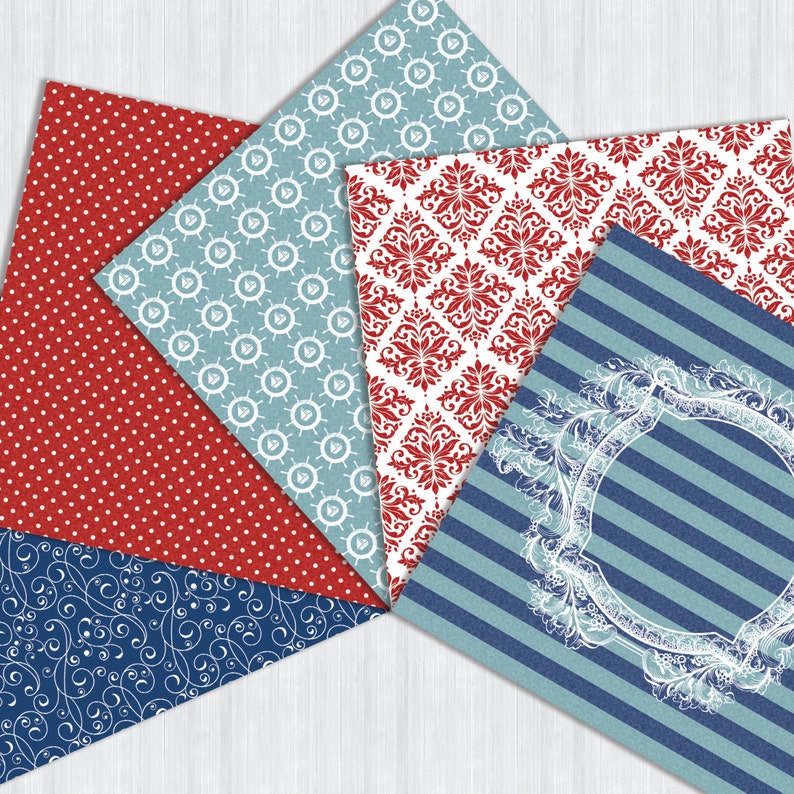 May include: Five different patterned scrapbook papers in red, white, and blue. The patterns include polka dots, anchors, a damask design, stripes, and a swirl design.