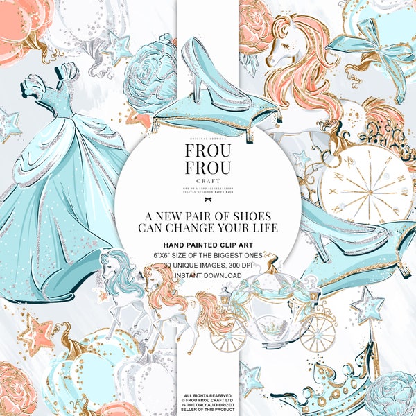 Fairy Tale Clipart, Princess Clip Art, Cinderella Planner Stickers, Pumpkin Carriage Glass Slipper Glitter Cute Nursery Illustration