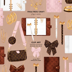 Puede incluir: Un conjunto de clipart digital que presenta varios bolsos de diseñador, carteras y accesorios de color marrón, rosa y blanco con un patrón de monograma. El clipart está sobre un fondo marrón claro. El texto "Frou Frou Craft Design & Illustration" y "Clip Art Transparent Background 4x4 inches, PNG, 300 DPI" está incluido en la imagen. El texto "we just love making pretty things." también está incluido en la imagen.