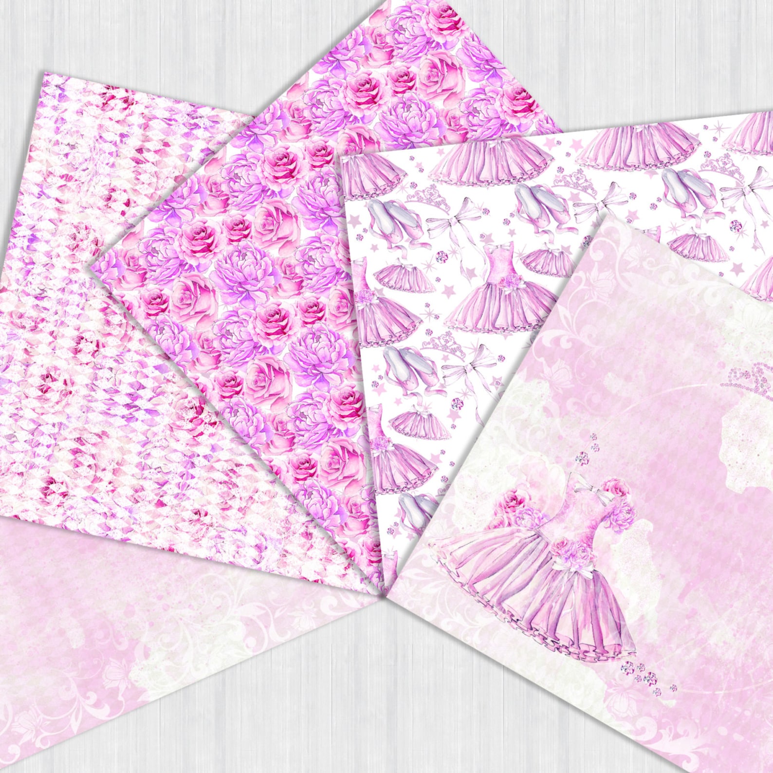 ballerina digital paper pack, ballet seamless patterns, watercolor ballet shoes, tutu dress, pink roses violet peonies, chick pr