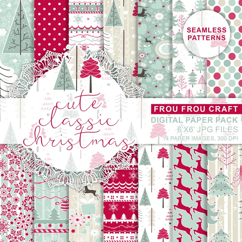 Christmas Digital Paper Pack, Seamless Pattern, Seasonal Digital Pattern, Red Blue Xmas Digital Wrap Paper, Retro Winter Digital Background image 1