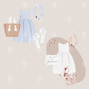 May include: Two summer outfits featuring a light blue and a white dress, both with a striped pattern. The light blue dress is paired with a straw tote bag, white sandals, and a blue headband with white polka dots. The white dress is paired with a white handbag, brown heeled sandals, and a pink headband with white polka dots. Both outfits include earrings.