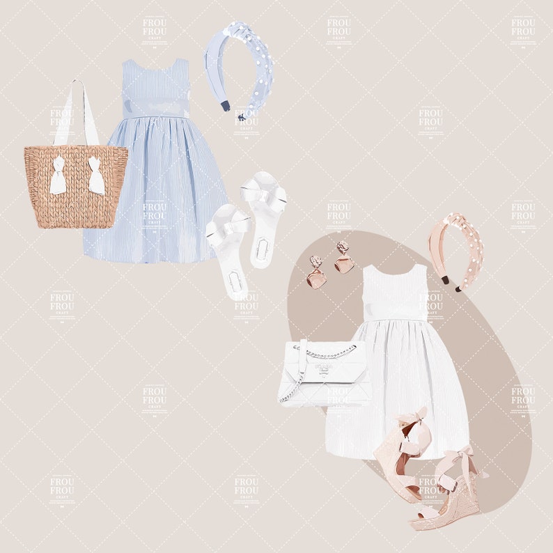 May include: Two summer outfits featuring a light blue and a white dress, both with a striped pattern. The light blue dress is paired with a straw tote bag, white sandals, and a blue headband with white polka dots. The white dress is paired with a white handbag, brown heeled sandals, and a pink headband with white polka dots. Both outfits include earrings.