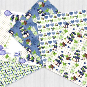 May include: Six digital paper designs featuring a blueberry and mint theme. The designs include blueberries, cupcakes, and glasses of lemonade. The papers are in a variety of colors, including blue, green, white, and gold.