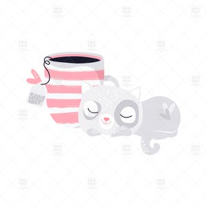 May include: A charming illustration depicts a sleeping grey cat beside a pink and white striped teacup. A tea bag labelled "TEA" is attached to the cup. The cat has closed eyes and a heart detail on its side.
