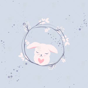 May include: A white bunny with closed eyes and a pink heart on its chest is nestled inside a wreath of white flowers and branches on a light blue background with white dots.