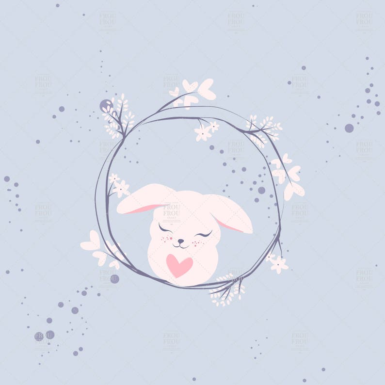 May include: A white bunny with closed eyes and a pink heart on its chest is nestled inside a wreath of white flowers and branches on a light blue background with white dots.