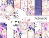 Fashion Paper Pack Travel Scrapbook Set Printable Planner Stickers Supplies Girly Digital Backgrounds Watercolor Floral Seamless Patterns