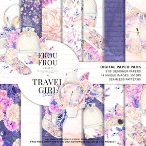 Puede incluir: Paquete de papel digital con 14 im&aacute;genes &uacute;nicas y patrones sin costuras. Las im&aacute;genes presentan un estilo acuarela con dise&ntilde;os florales, un reloj, una mochila y una c&aacute;mara. El texto "Frou Frou Craft" y "Travel Girl" est&aacute; incluido en el dise&ntilde;o.