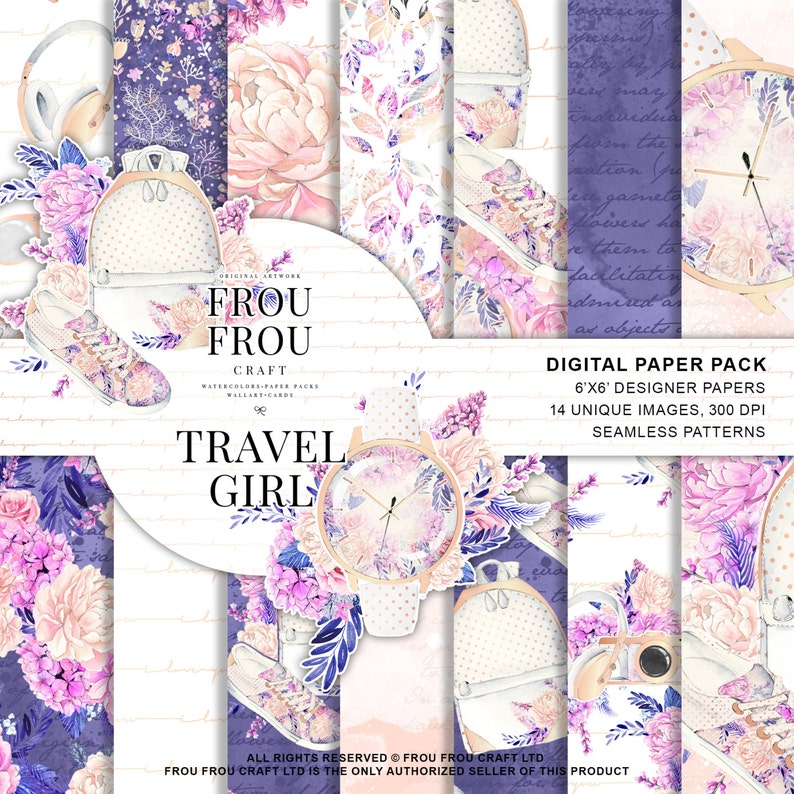Puede incluir: Paquete de papel digital con 14 im&aacute;genes &uacute;nicas y patrones sin costuras. Las im&aacute;genes presentan un estilo acuarela con dise&ntilde;os florales, un reloj, una mochila y una c&aacute;mara. El texto "Frou Frou Craft" y "Travel Girl" est&aacute; incluido en el dise&ntilde;o.